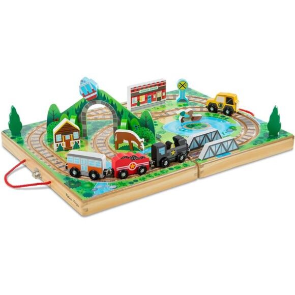 17-Piece Wooden Take-Along Tabletop Railroad, 3 Trains, Truck - Picture 1 of 14